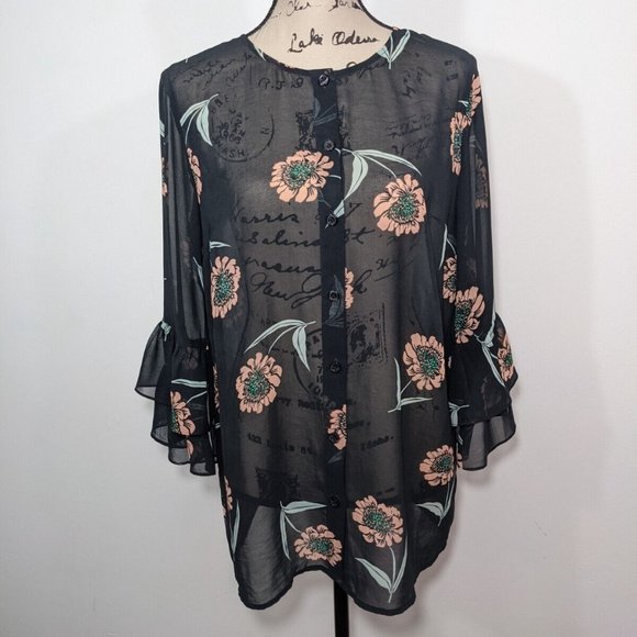 Cabi #5206 La Di Da Blouse Floral Top Black Semi Sheer size Small - Picture 1 of 10